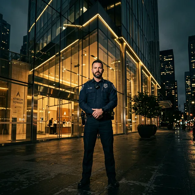 Sicherheitsmitarbeiter vor modernem Gebäude